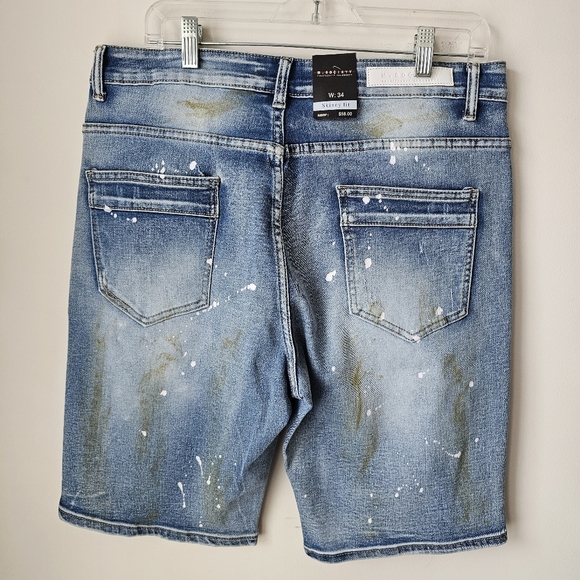 Skinny Fit Distressed Blue Denim Shorts with Stretch - Picture 15 of 15